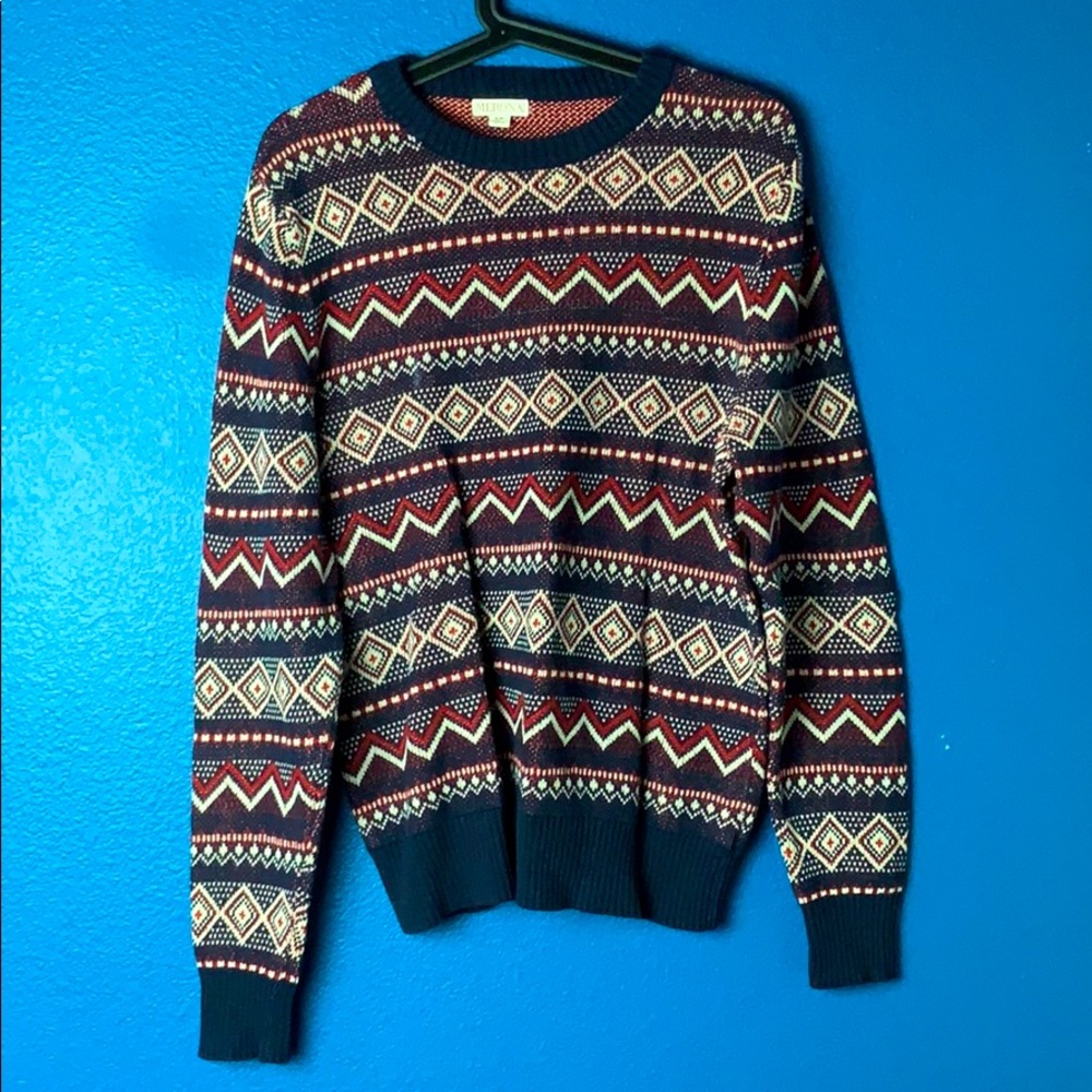Holiday Patterned Red, White and Blue Sweater